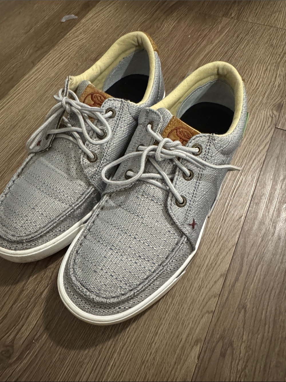 Twisted X Gray Canvas Boat Shoes with Yellow Collar